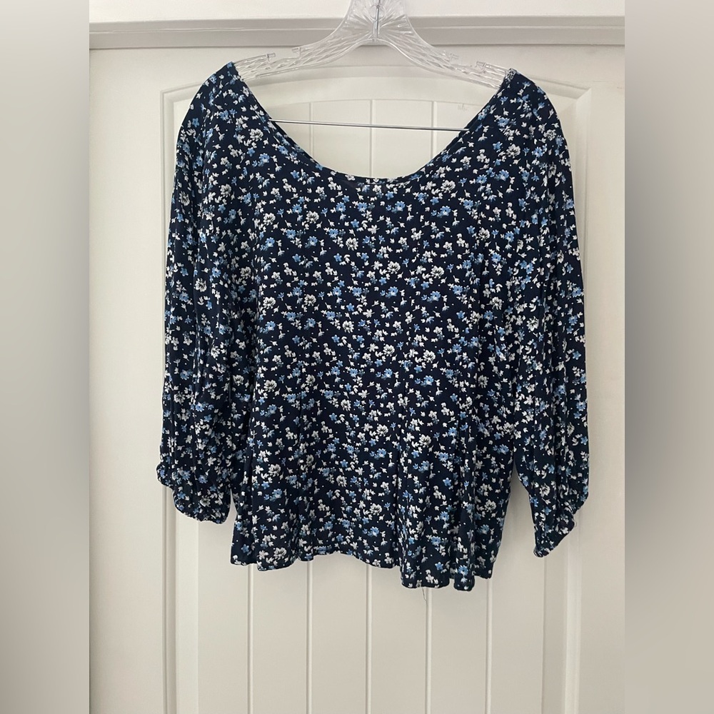 Roper Navy and White Floral Blouse